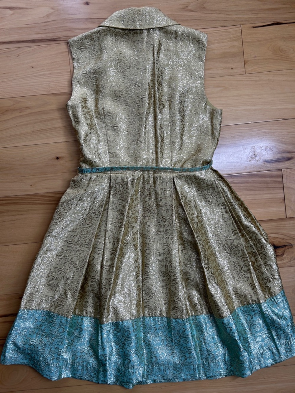 Duro Olowu Gold and Mint Green Metallic Fit-and-Flare Dress | Size 6 - Picture 6 of 11